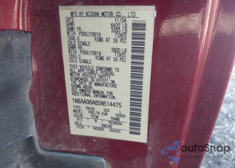 2005 Nissan Titan Se из США, поврежденный, VIN 1N6AA06A65N514475